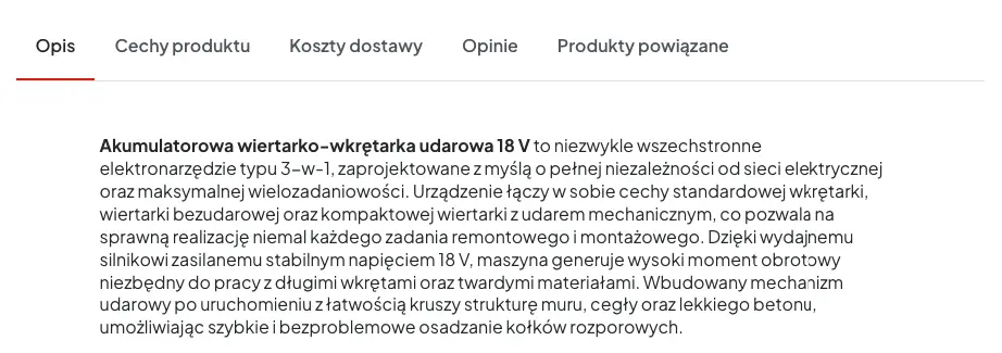 Zakładki ze szczegółami produktu